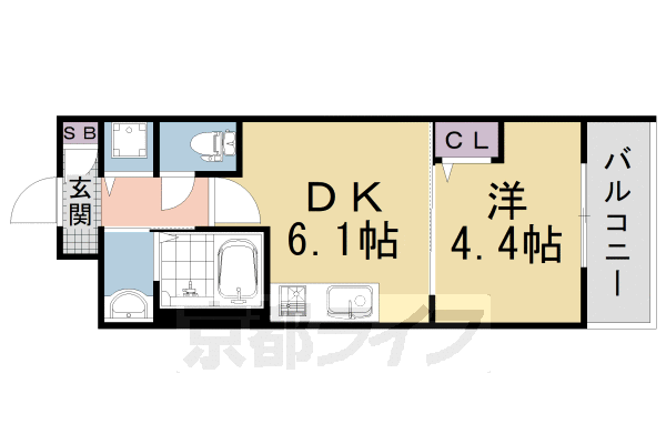 1DK:洋4.4×DK6.1(26.7㎡)
