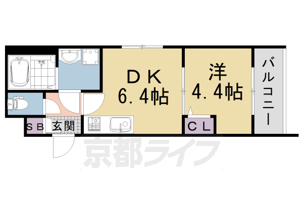 1DK:洋4.4×DK6.4(26.7㎡)