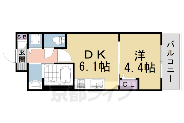 1DK:洋4.4×DK6.1(26.7㎡)