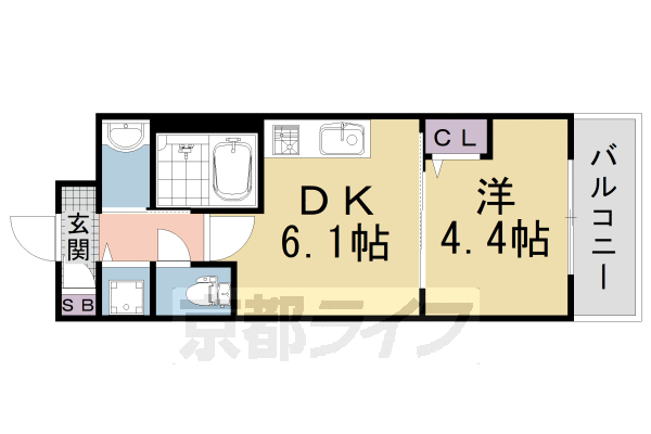 1DK:洋4.4×DK6.1(26.7㎡)