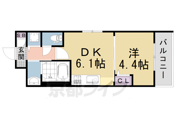 1DK:洋4.4×DK6.1(26.7㎡)