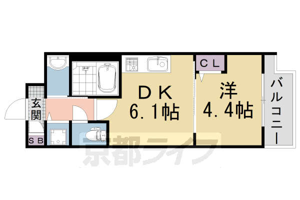 1DK:洋4.4×DK6.1(26.7㎡)