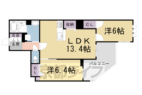 2LDK：洋6.0×洋6.4×LDK13.4（60.65㎡）