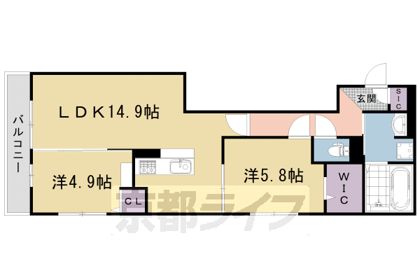 2LDK：洋5.8×洋4.9×LDK14.9（60.27 ㎡）