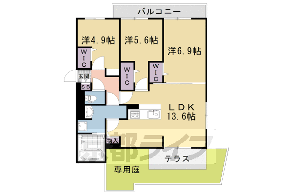 3LDK：洋6.9×洋5.6×洋4.9×LDK13.6（69.64 ㎡）