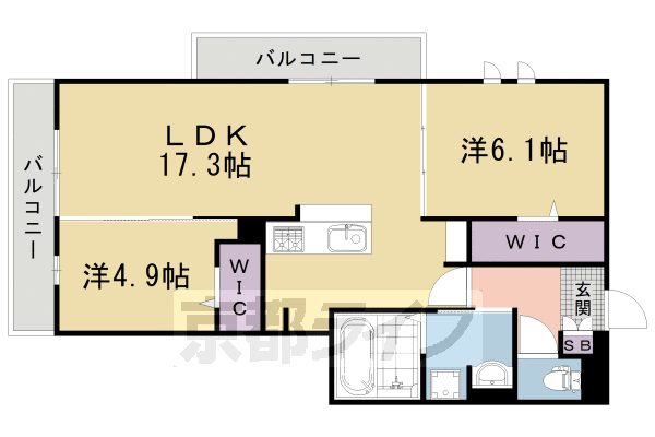 2LDK：洋6.1×洋4.6×LDK17.3（62.75 ㎡）