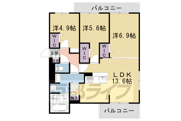 3LDK：洋6.9×洋5.6×洋4.9×LDK13.6（69.64 ㎡）