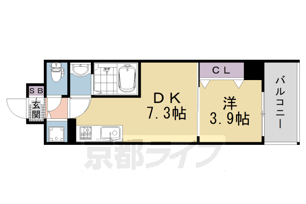 ■1DK：洋3.9×DK7.3(28.42 ㎡)