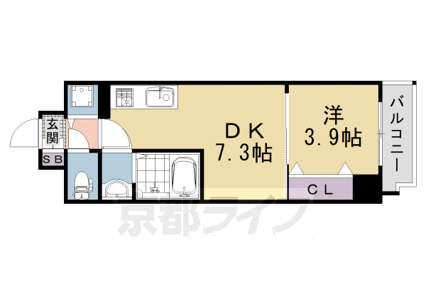 ■1DK：洋3.9×DK7.3(28.42 ㎡)
