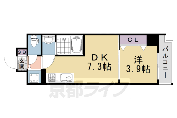 ■1DK：洋3.9×DK7.3(28.42 ㎡)