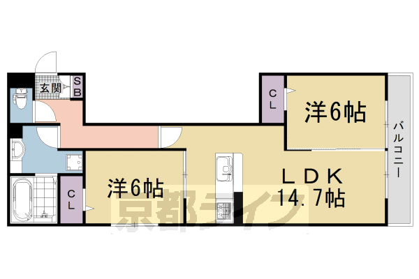 2LDK：洋6×洋6×LDK14.7(63.59㎡)