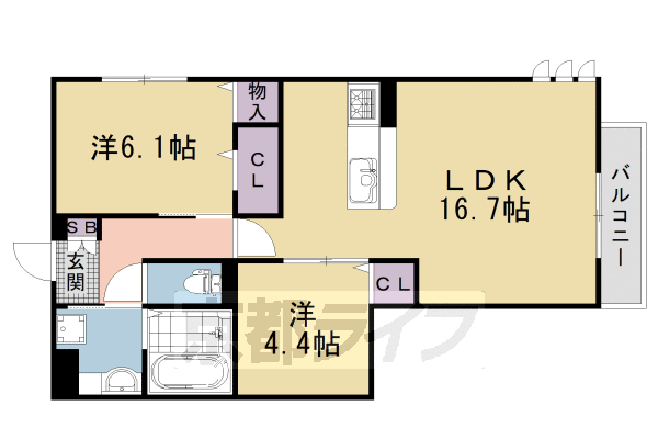 2LDK：洋4.4×洋6.1×LDK16.7(61.38㎡)