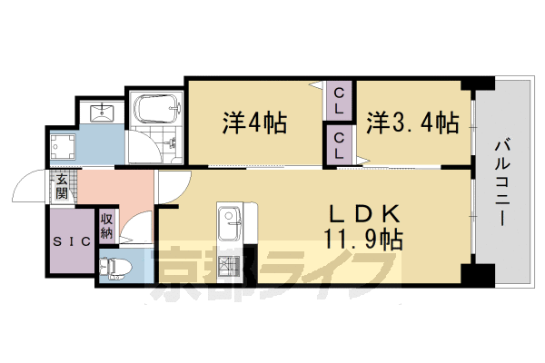 ■2LDK:洋4×洋3.4×LDK11.9(46.32 ㎡)