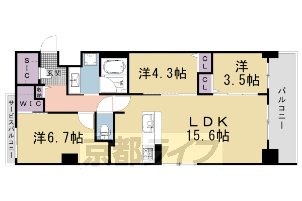 ■3LDK:洋6.7×洋4.3×洋3.5×LDK15.6(68.73 ㎡)