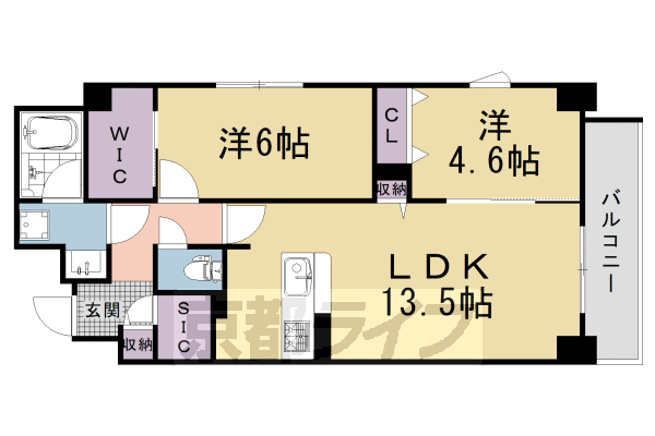 ■2LDK:洋6×洋4.6×LDK13.5(58.66 ㎡)