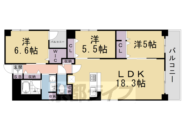 3LDK:洋5×洋5.5×洋6.6×LDK18.3(80.02㎡)