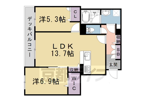 2LDK：洋6.9×洋5.3×LDK13.7(63.87㎡)