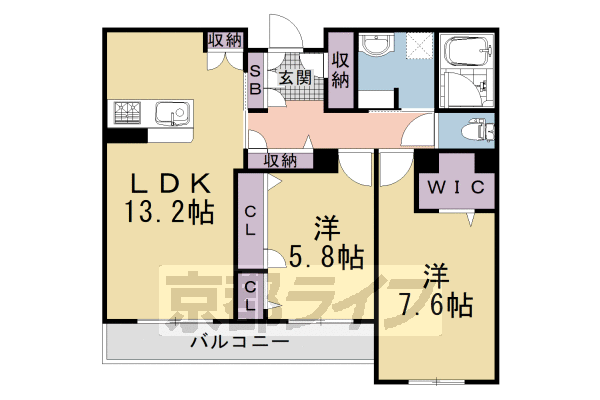 2LDK：洋7.6×洋5.8×LDK13.2(67.65㎡)