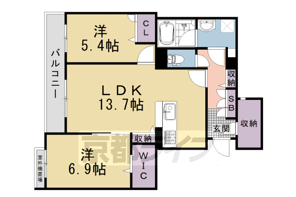 2LDK：洋6.9×洋5.4×LDK13.7(67.6㎡)