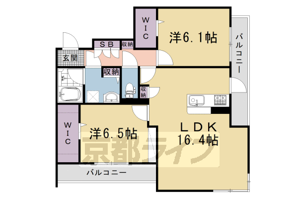 2LDK：洋6.5×洋6.1×LDK16.4(70.22㎡)