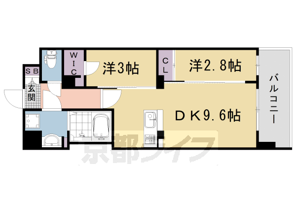 2DK：洋3×洋2.8×DK9.6(40.37㎡)