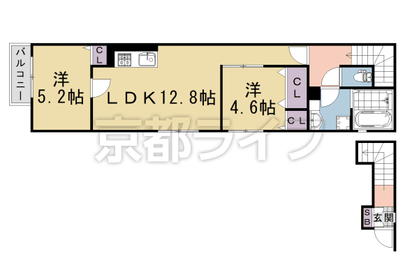 2LDK：洋4.6×洋5.2×LDK12.8(58.13㎡)
