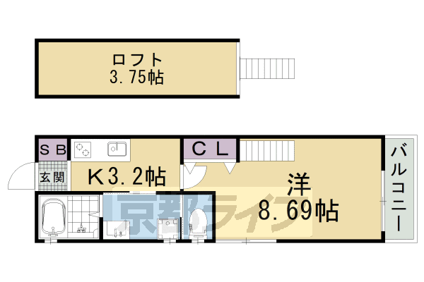 ■1K：洋8.69×K3.2×ロフト3.75(29.29 ㎡)