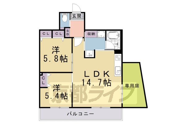 ■2LDK：洋5.8×洋5.4×LDK14.7(58.7 ㎡)