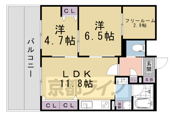 ■2SLDK：洋6.5×洋4.7×納2.9×LDK11.8(57.99 ㎡)