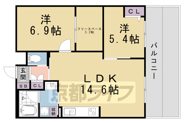 ■2SDK：洋6.9×洋5.4×納3.2×LDK14.6(61.56 ㎡)