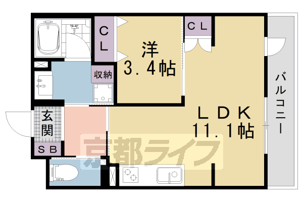 ■1LDK：洋3.4×LDK11.1(36.36 ㎡)