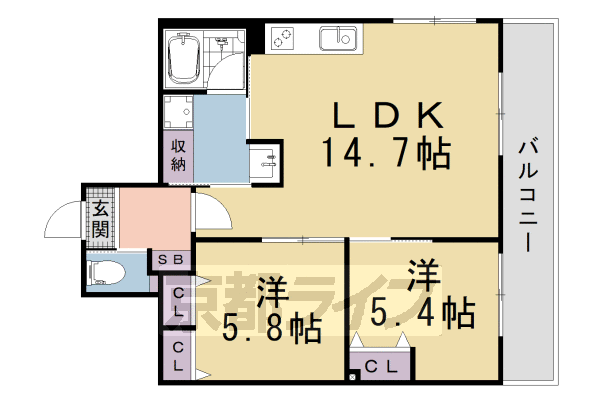 ■2LDK：洋5.8×洋5.4×LDK14.7(58.7 ㎡)
