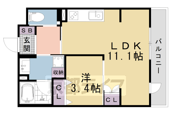 ■1LDK：洋3.4×LDK11.1(36.36 ㎡)
