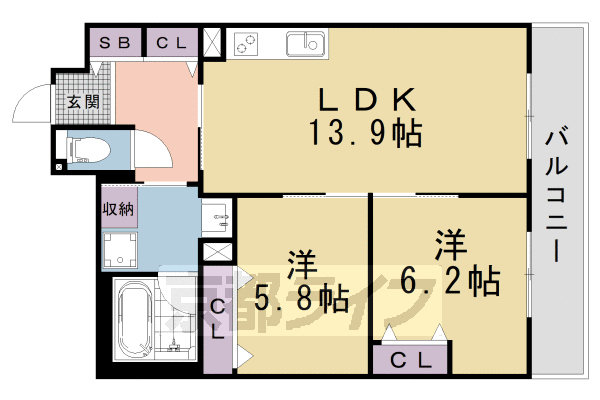 ■2LDK：洋5.8×洋6.2×LDK13.9(60.29 ㎡)