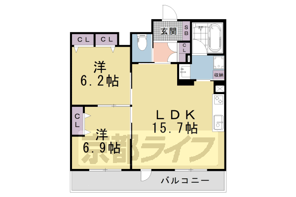 ■2LDK：洋6.2×洋6.9×LDK15.7(63.74 ㎡)