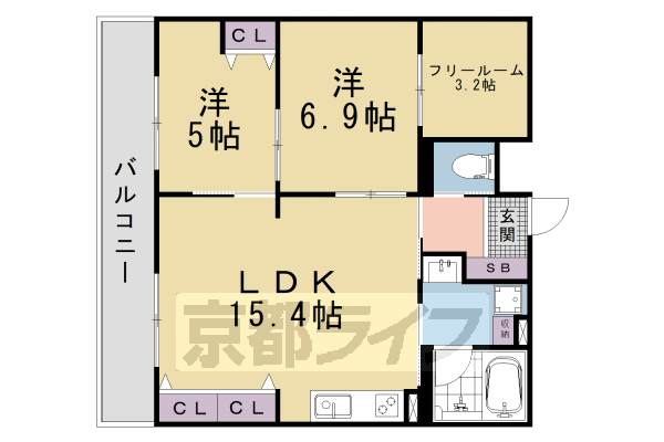 ■2SLDK：洋6.9×洋5.0×納3.2×LDK15.4(63.99 ㎡)