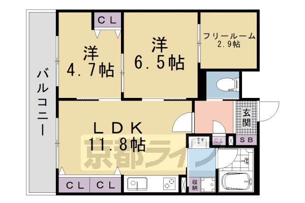 ■2SLDK：洋6.5×洋4.7×納2.9×LDK11.8(57.99 ㎡)
