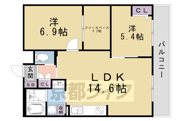 ■2SLDK：洋6.9×洋5.4×納3.2×LDK14.6(61.56 ㎡)