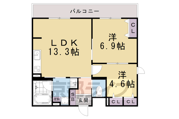 ■2LDK：洋4.6×洋6.9×LDK13.3(54.51 ㎡)