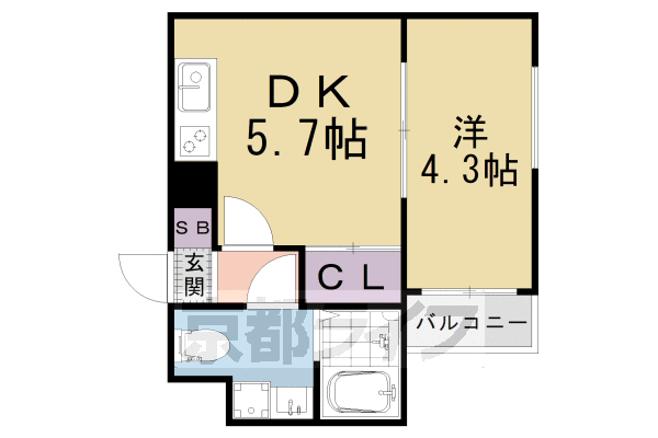 1DK：洋4.3×DK5.7（25.15 ㎡）