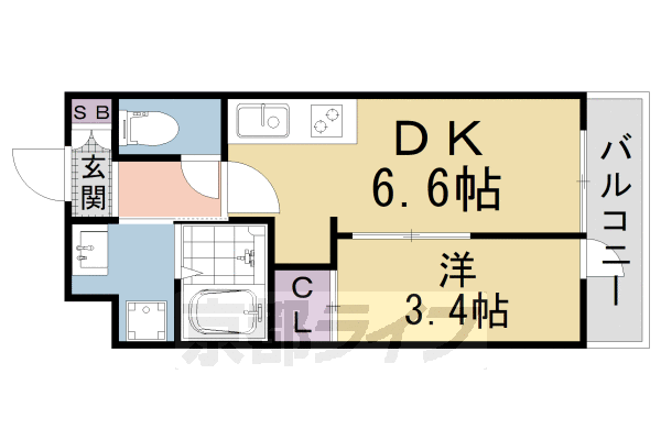 1DK：洋4.3×DK5.7（25.15 ㎡）