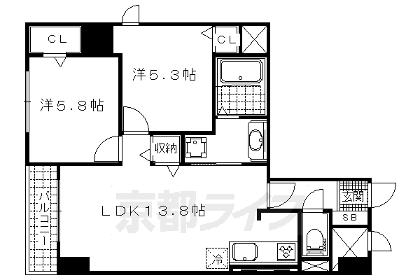 2LDK：洋5.8×洋5.3×LDK13.8（55.98 ㎡）
