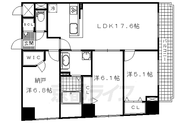 2SLDK：洋6.1×洋5.1×納6.8×LDK17.6（77.6 ㎡）