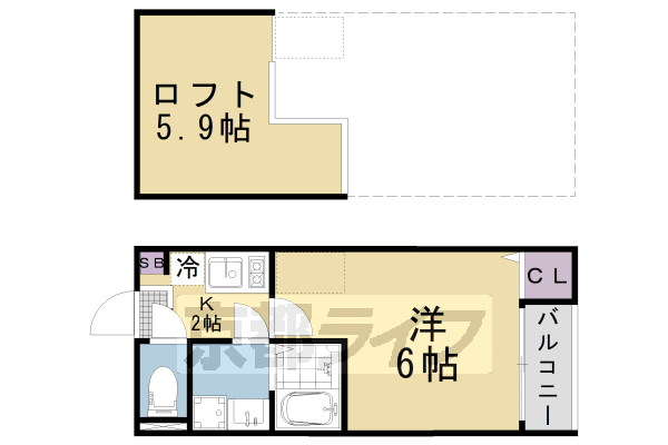 ■1K：洋6×K2×ロフト5.9(20.17 ㎡)