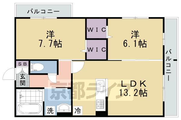 2LDK：洋6.1×洋7.7×LDK13.2(61.77㎡)