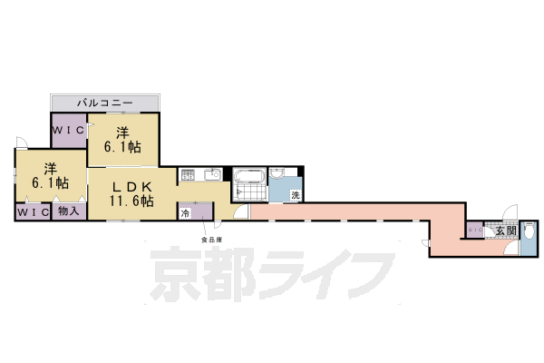 2LDK：洋6.1×洋6.1×LDK11.6(75.01㎡)